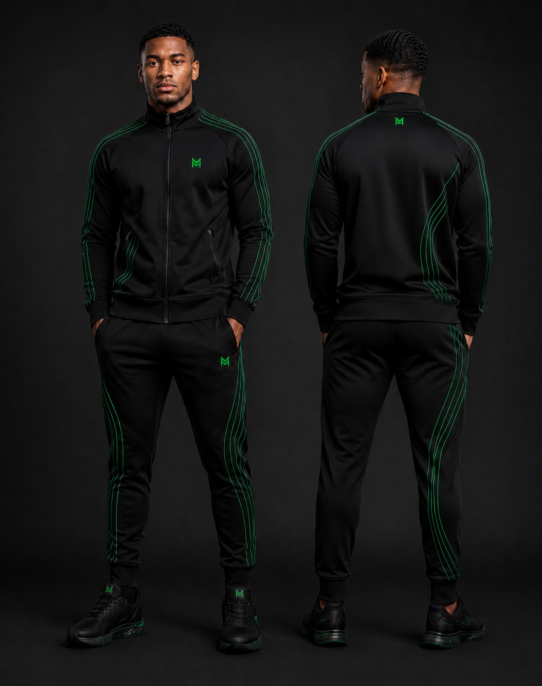 Fixed green MiMiroir motion-line tracksuit concept showing front and back views