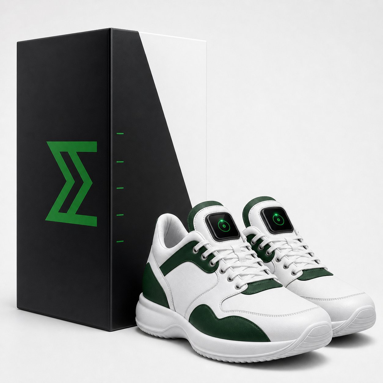 Green and white Omen 1 footwear concept with integrated Motus screen modules and box