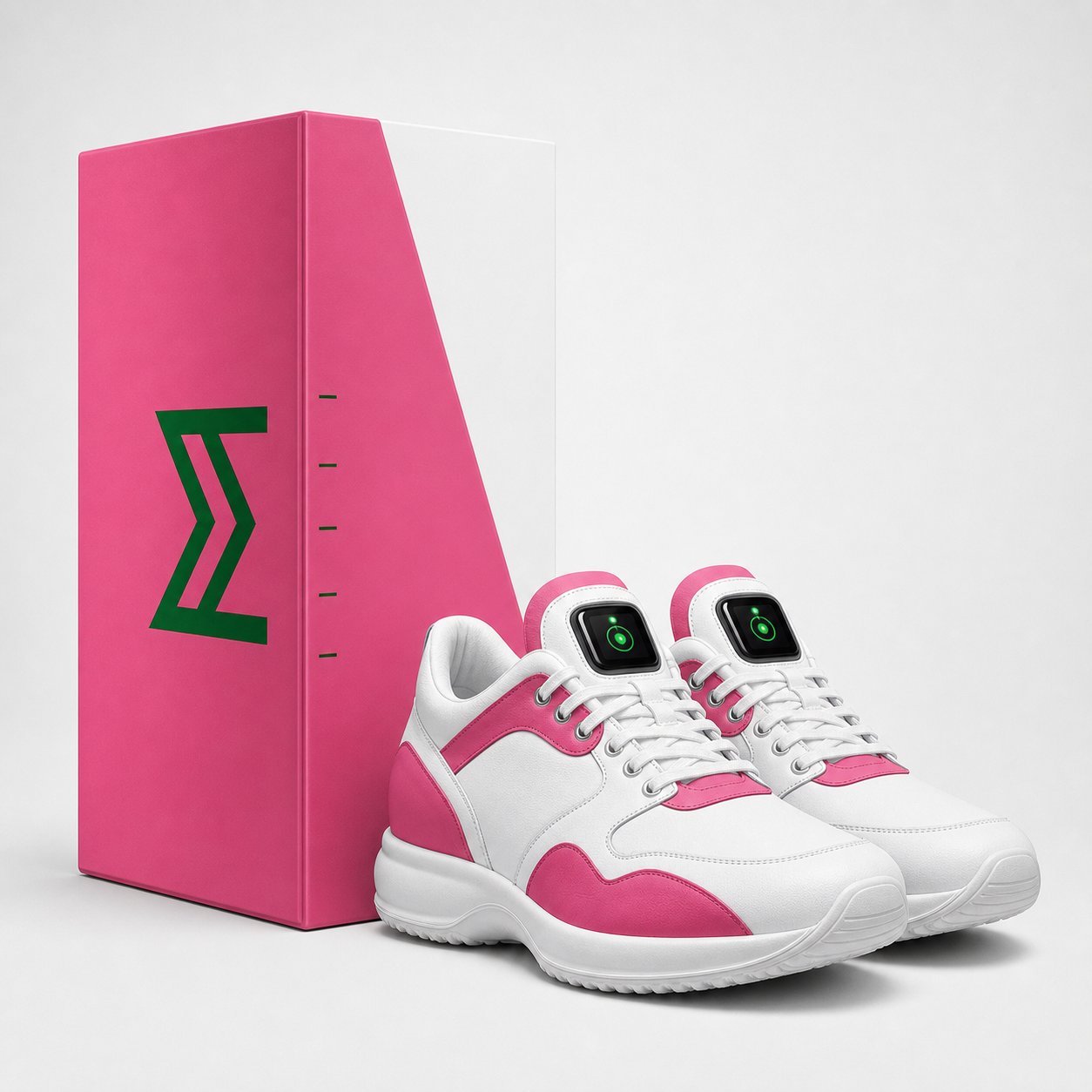 White and pink Omen 1 footwear concept with integrated Motus screen modules and box