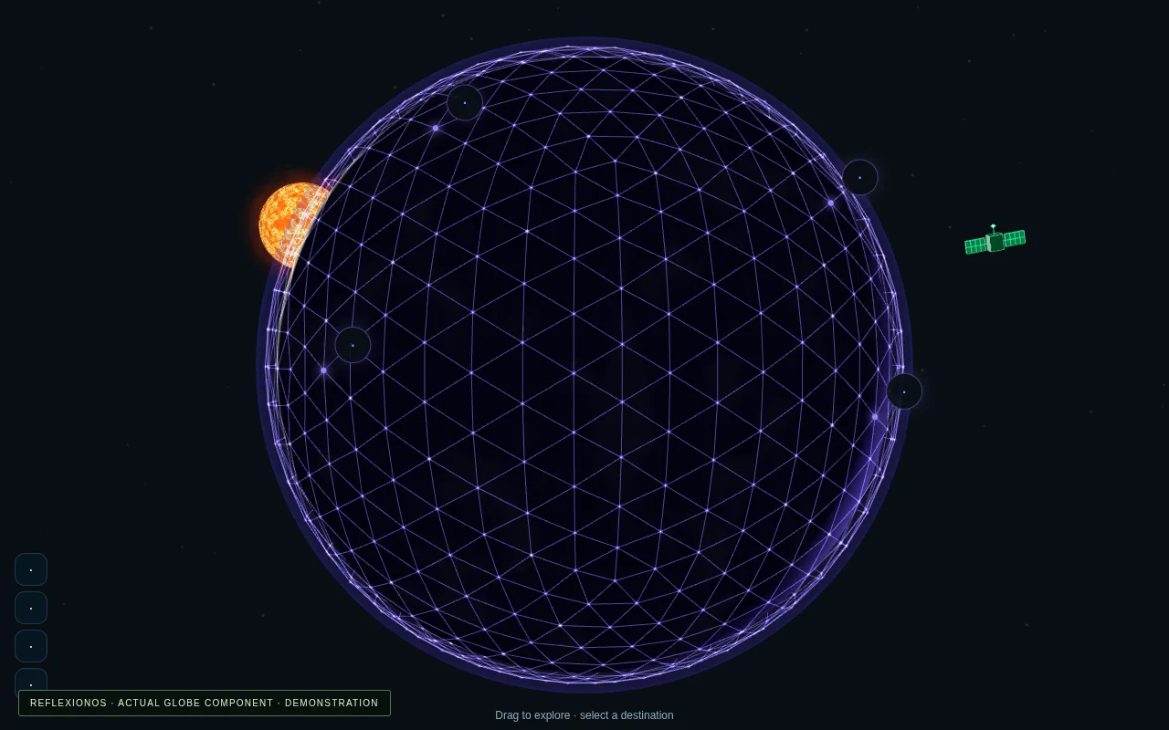 The Reflexion Worlds globe, a connected green sphere with orbiting destinations